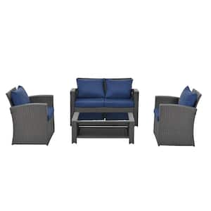 4-Piece PE Wicker Rattan Patio Conversation Set Outdoor Furniture Sofa Set with Table, Loveseat, Armchair, Blue Cushion