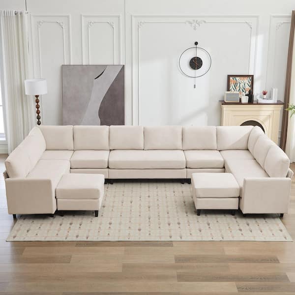 155.9 in. Width Linen Convertible Large U-Shaped Corner Shaped Sofa Couch, Large 12-Seater Sofa with 2 Ottomans in Beige