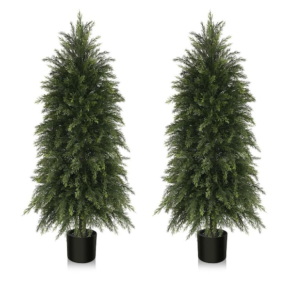 4 ft. Artificial Cedar Topiary Trees, Faux Cypress Tree, Fake Cypress Tree in Pot for Indoor/Outdoor Decor (Set of 2)