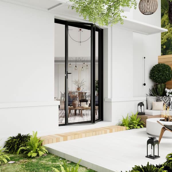 72 in. x 96 in. Left Swing/Outswing Double Tempered Glass Black Aluminum Folding Patio Door