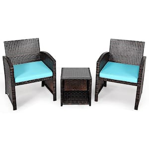 3-Piece Rattan Patio Conversation Furniture Set Yard Outdoor with Turquoise Cushions