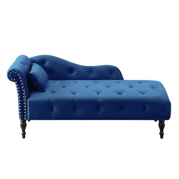Unbranded Blue Buttons Tufted Nailhead Trimmed Velvet Chaise Lounge with 1-Pillow