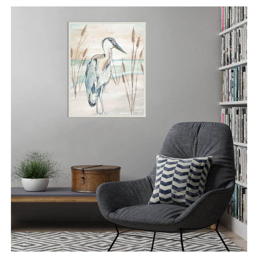 Heron by Beach Grass Nautical Canvas Framed Wall Art