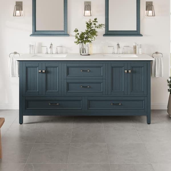 Britney 72 in. Double Sink Ash Blue Bath Vanity with White Carrara Quartz Top (Assembled)