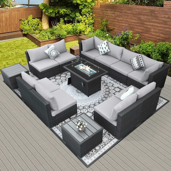 FINCATI Modern 13-Piece Gray Wicke Patio Fire Pit Sectional Seating Set with Light Gray Cushions and 43 in. L Firepit Table