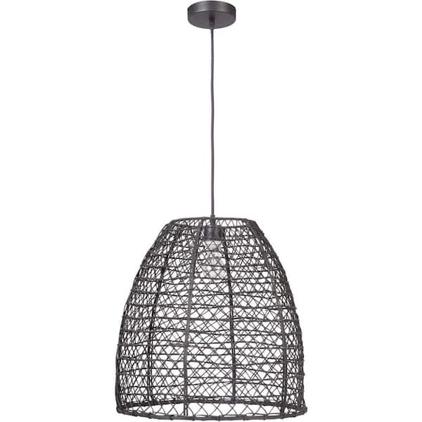 Pendant 60-Watt 1-Light Matte Black Finish Dining/Kitchen Island Foyer Pendant Light with Rattan Shade, No Bulb Included