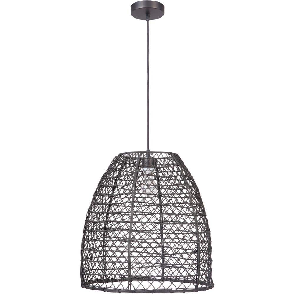 Matte Black Aluminum Indoor/Outdoor Pendant Light with Woven Rattan Shade