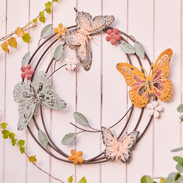 LuxenHome Metal and Glass Orange/Yellow Butterfly Outdoor Wall