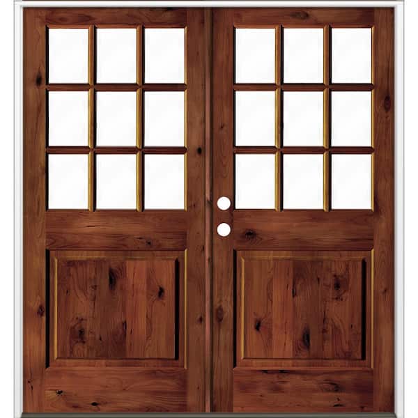 Krosswood Doors 72 in. x 80 in. Craftsman Knotty Alder Wood Clear 9-Lite Red Chestnut Stain Right Active Double Prehung Front Door