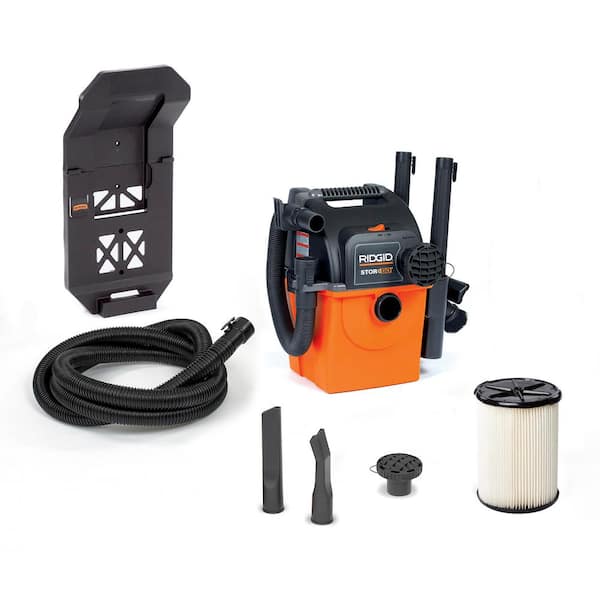 RIDGID 5 Gallon 5.0 Peak HP Portable Wall-Mountable Wet/Dry Shop Vacuum with Filter, Two Locking Hoses and Accessories