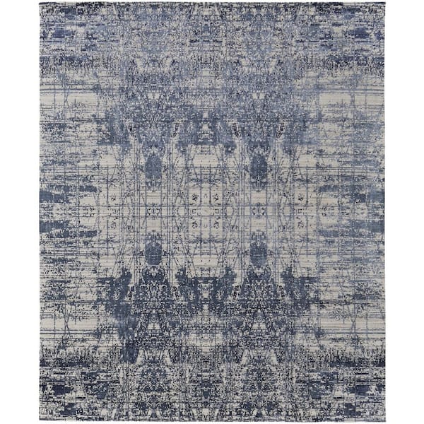 8 ft. x 10 ft. Blue and Ivory Abstract Hand Woven Worn Faded Area Rug