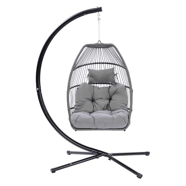 ToolCat 31.5 in. 1-Person Black Wicker Patio Swing Hammock Egg Chair With C Type Bracket and Grey Cushion