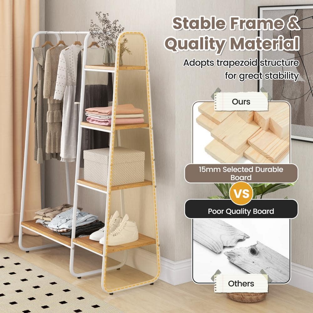 White and Natural Steel Closet Organizer with Shelves and Hanging Rod