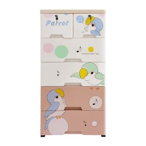 40.1 in. H x 19.6 in. W Pink Cartoon Parrot Pattern Storage Cabinet with 6-Drawers and Silent Wheels