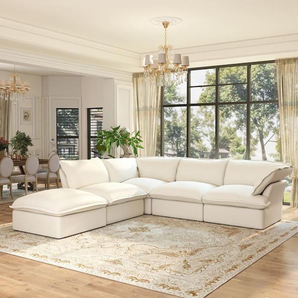 Magic Home Corner Cloud Couch, 163 in. Flared Arm Linen Modular Sofa with Ottoman, Detachable Covers in. White