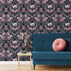 Botanical Trellis Navy and Pink Unpasted Removable Peelable Paper Wallpaper