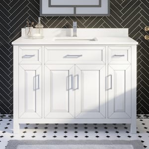 Terrence 48 in. W x 22 in. D Bath Vanity in White ENGRD Stone Vanity Top in White with White Basin Power Bar-Organizer