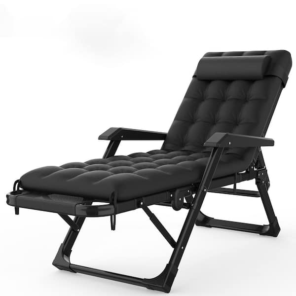 SEEUTEK Koepp 26 in.W Black Metal Outdoor Patio Chaise Lounge Reclining Folding Cot with Removable Cushion and Padded Headrest
