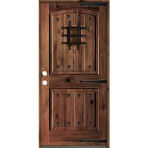 30 in. x 80 in. Mediterranean Knotty Alder Arch Top Red Mahogony Stain Right-Hand Inswing Wood Single Prehung Front Door