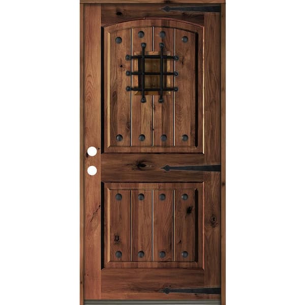 Krosswood Doors 36 in. x 80 in. Mediterranean Knotty Alder Arch Top Red Mahogany Stain Right-Hand Inswing Wood Single Prehung Front Door