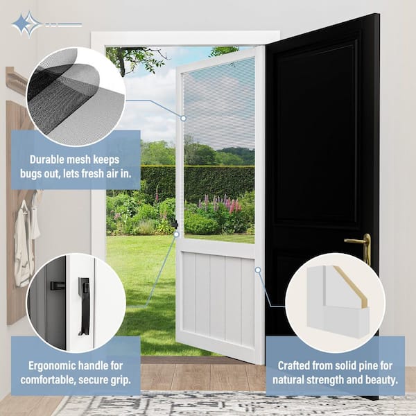 30 in. x 80 in. Universal Solid Pine Screen Door with Lock-Primed White Finish and Gauze Mesh, Hinged Panel Style