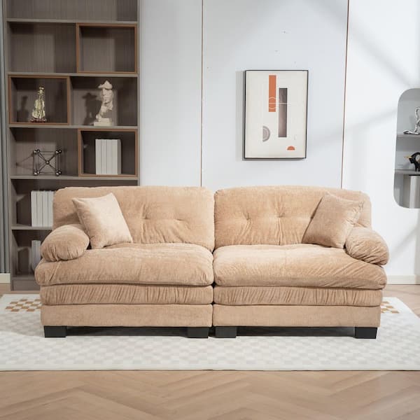 Modern 84 in. Khaki Chenille 2-Seater Loveseat with 2-Pillows