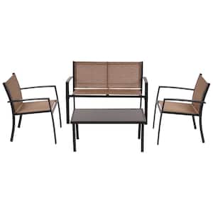Outdoor Taupe 4-Piece Metal Patio Conversation Set Bistro Set with Tempered Glass Top Coffee Table