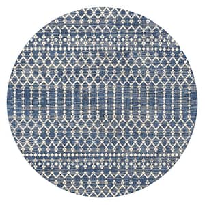Ourika Moroccan Geometric Textured Weave Navy/Beige 5 ft. Round Indoor/Outdoor Area Rug