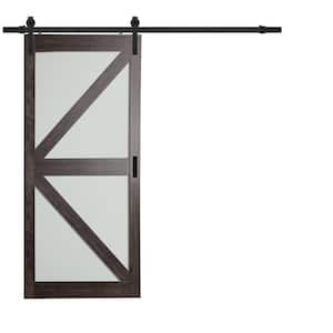36 in. x 84 in. Iron Age Gray MDF Frosted Glass K lite Design Sliding Barn Door with Modern Rustic Hardware Kit