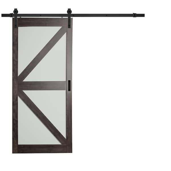 TRUporte 36 in. x 84 in. Iron Age Gray MDF Frosted Glass K lite Design Sliding Barn Door with Modern Rustic Hardware Kit