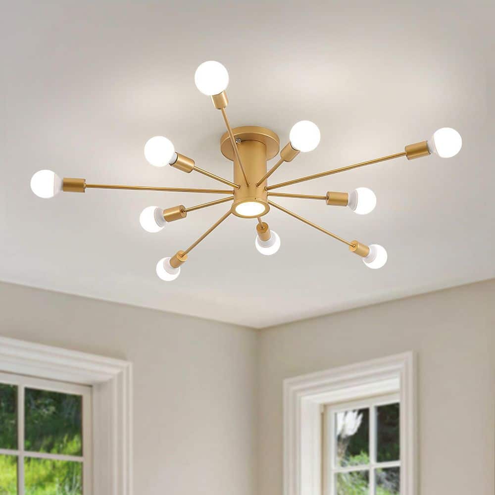 HUOKU Cedernut 40 in. 10-Light Gold Dimmable Linear Semi- Flush