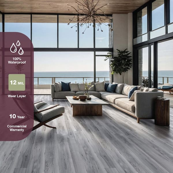 Harbor View 12 MIL x 7 in. x 48 in. Light Gray Wood Look Click Lock Waterproof Vinyl Flooring (23.77 sq. ft./Case)