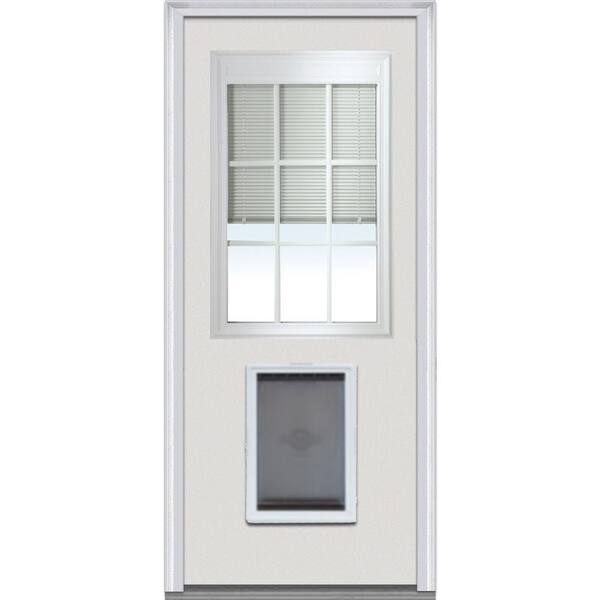 Milliken Millwork 36 in. x 80 in. Internal Mini Blinds w/ Muntins 1/2 Lite Primed Builder's Choice Steel Prehung Front Door w/ Pet Door