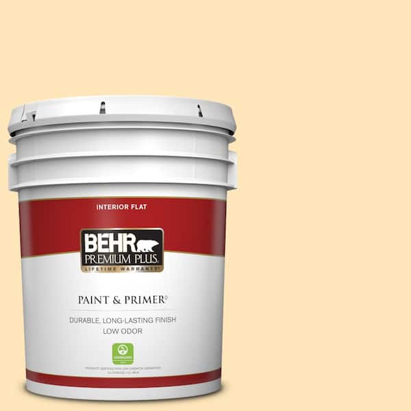 BEHR PREMIUM PLUS 5 gal. #BIC-28 Butter Creme Flat Low Odor Interior Paint & Primer