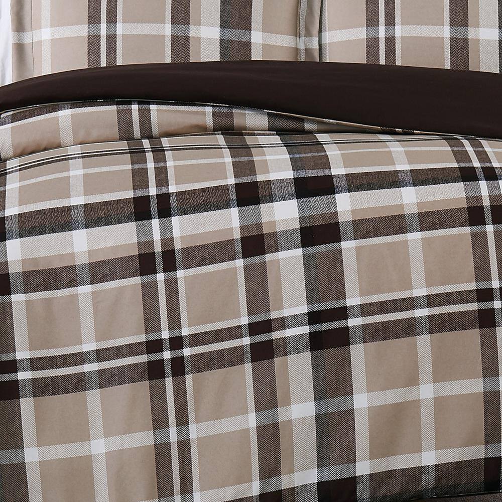 King Size Taupe Plaid Microfiber Duvet Cover Set