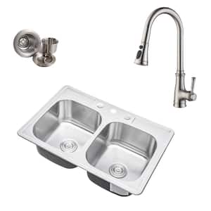 Topmount Drop-In 18-Gauge Stainless Steel 33-1/8 in. x 22 in. x 9 in. 3-Hole 50/50 Double Bowl Kitchen Sink with Faucet