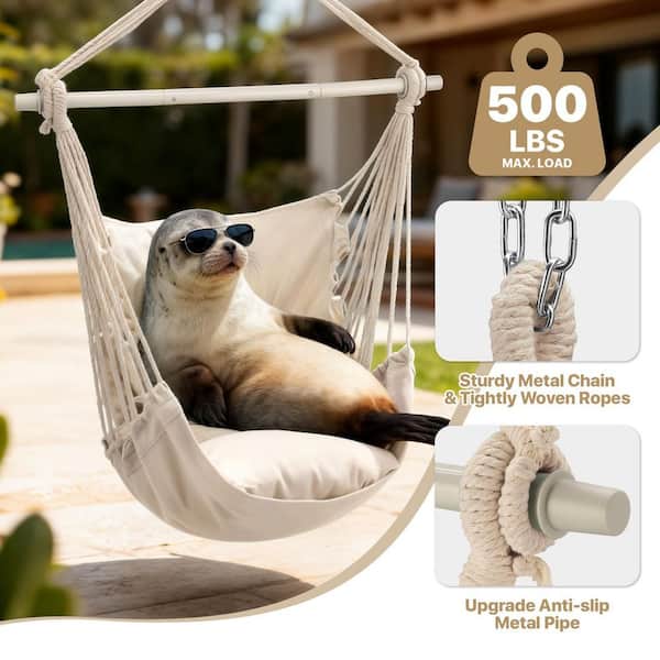 MoNiBloom White Cotton Rope Swing Hammock Chair with Fixed Kit and