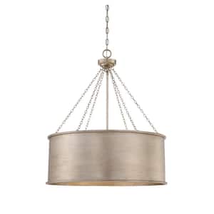 Rochester 25 in. W x 29 in. H 6-Light Silver Patina Shaded Pendant Light with Metal Cylinder Shade