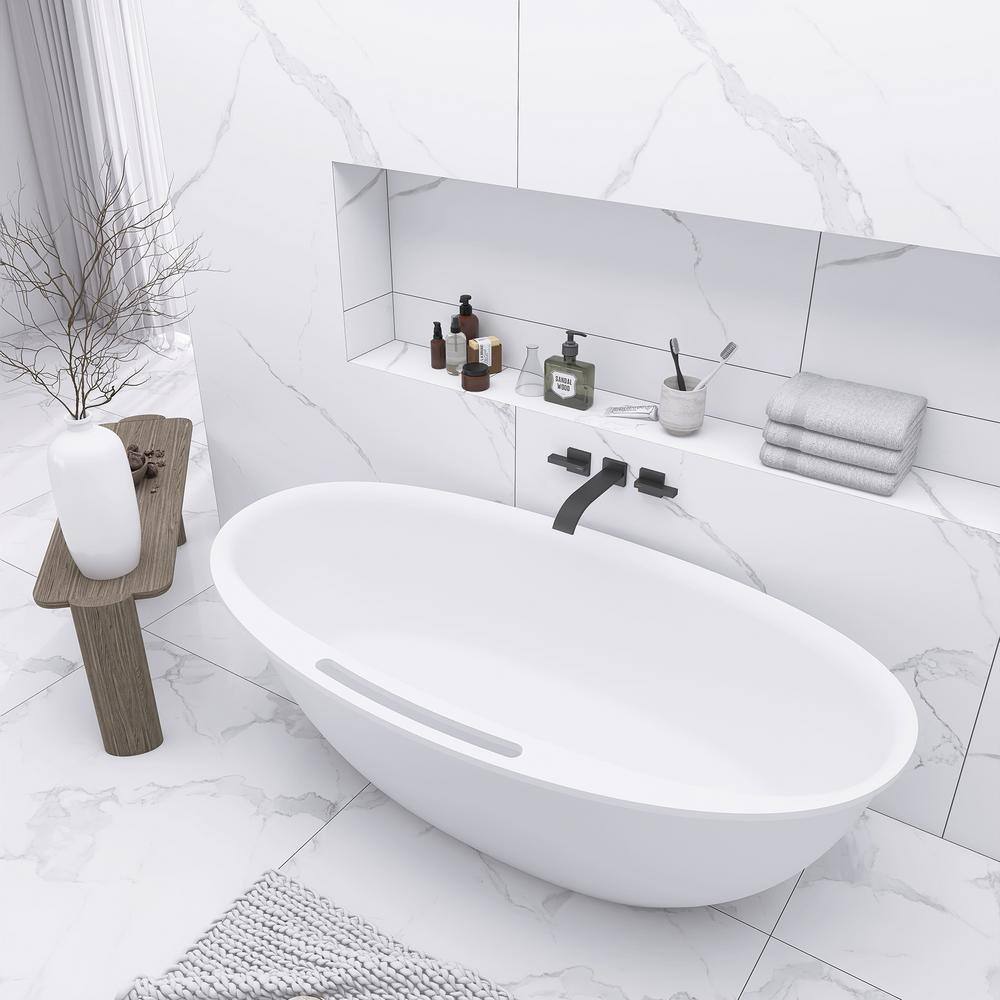63 in. Matte White Solid Surface Freestanding Soaking Bathtub