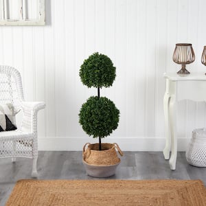 3.5' Green Boxwood Double Ball Faux Topiary Tree in Handmade Cotton and Jute Gray Planter UV Resistant (Indoor/Outdoor)