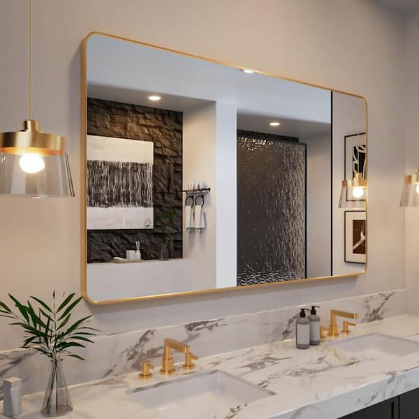 Lira 60 in. W x 36 in. H Tempered Glass Brushed Gold Rectangular Framed Wall Bathroom Vanity Mirror