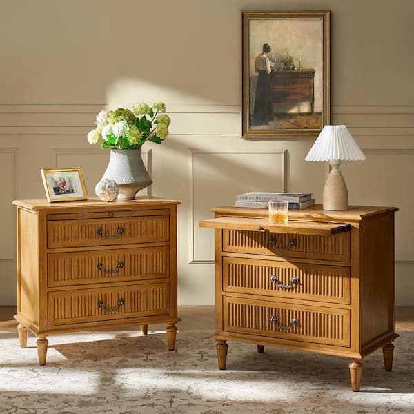 Weer Acorn Farmhouse Solid Wood 3-Drawer 23.6 in. W Nightstand Set of 2