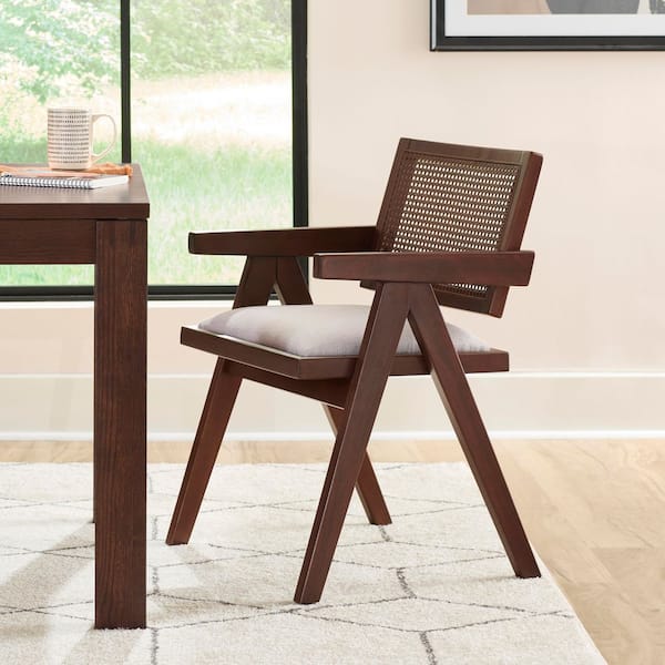 Fincher Walnut Wood Dining Chairs with Faux Rattan Back and Beige Upholstered Seat (Set of 2)