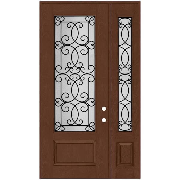 Steves & Sons Regency 51 in. x 96 in. 3/4Lite Georgian Decorative Glass RHOS Chestnut Mahogany Fiberglass Prehung Front Door w/12in.SL