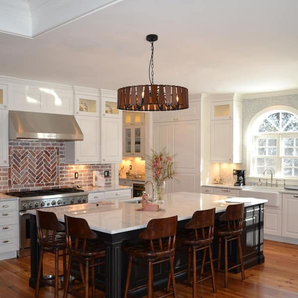 Modern Farmhouse 6-Light Black Drum Chandelier with Wooden Shade for Kitchen Island