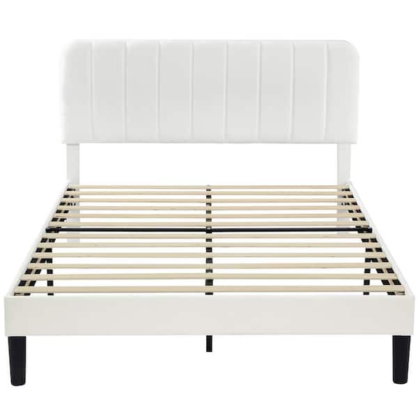 Upholstered Bed, White Wood Frame Full Platform Bed with Adjustable Headboard, Strong Wooden Slats Support Bed Frame
