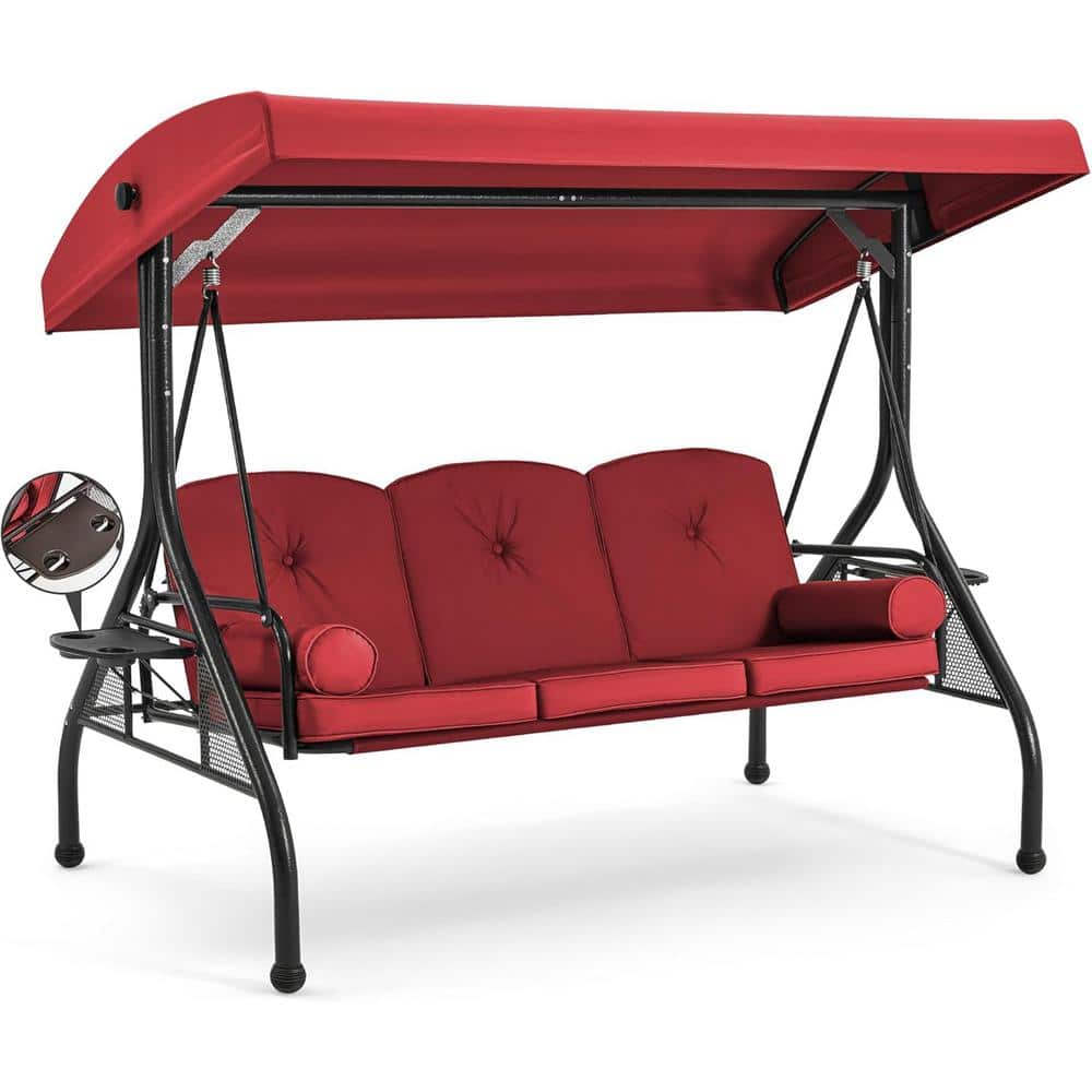 3-Person Outdoor Porch Metal Swing, Patio Swing Bed with Adjustable Canopy,