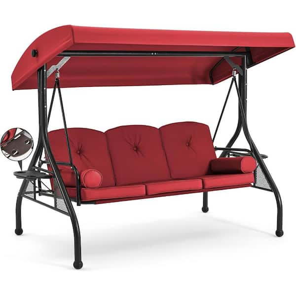 Unbranded 3-Person Outdoor Porch Metal Swing, Patio Swing Bed with Adjustable Canopy, Upgraded Cup Holder and Red Thicken Cushions