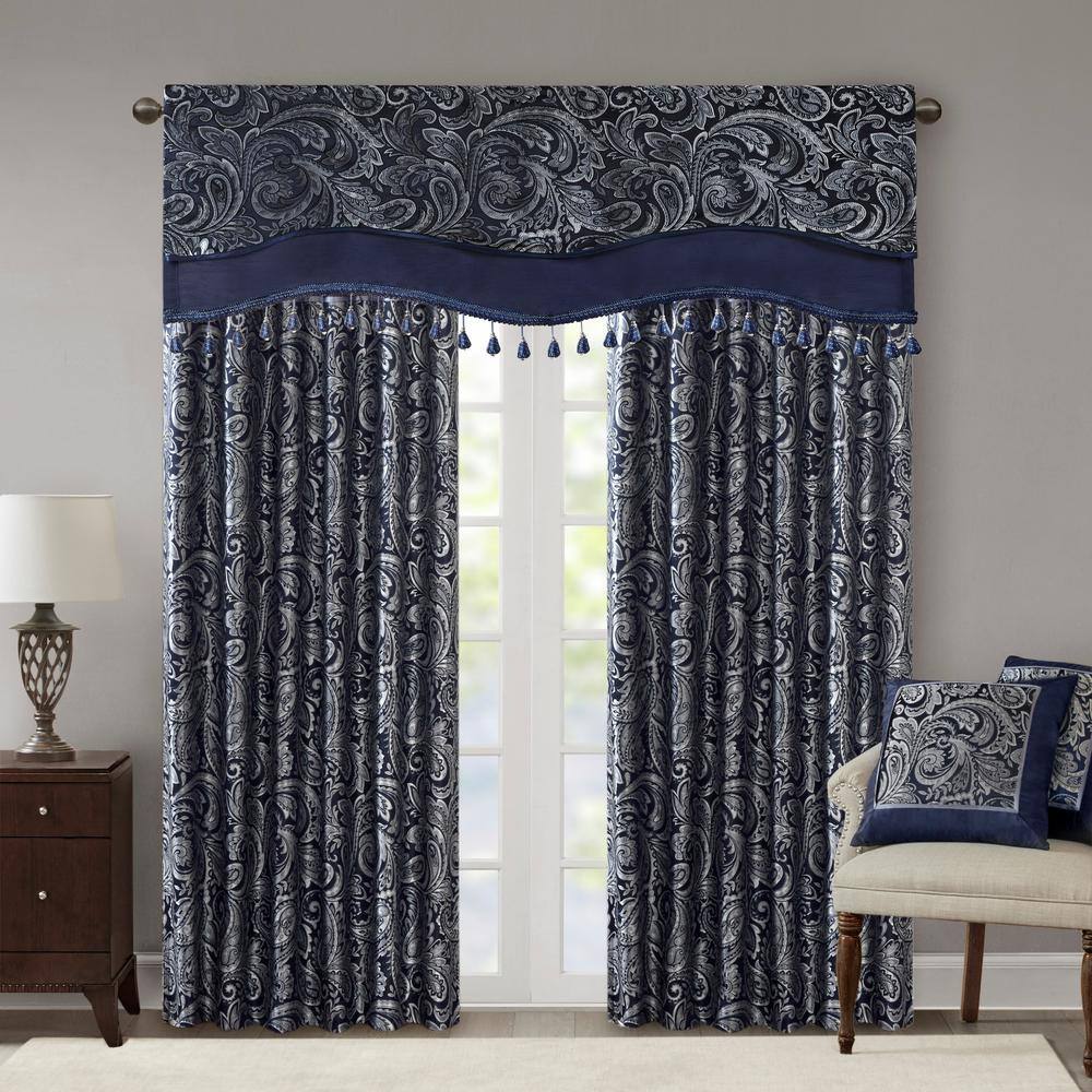 Navy Faux Silk Jacquard Beaded Window Valance