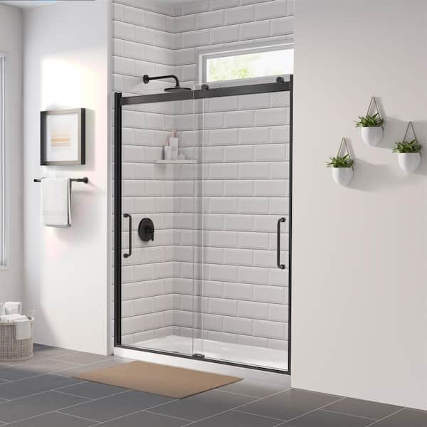 Basco Arelo Semi-Frameless Sliding Shower Door, 56-60 in. W, 76 in. H, AquaGlideXP Clear Glass, Matte Black